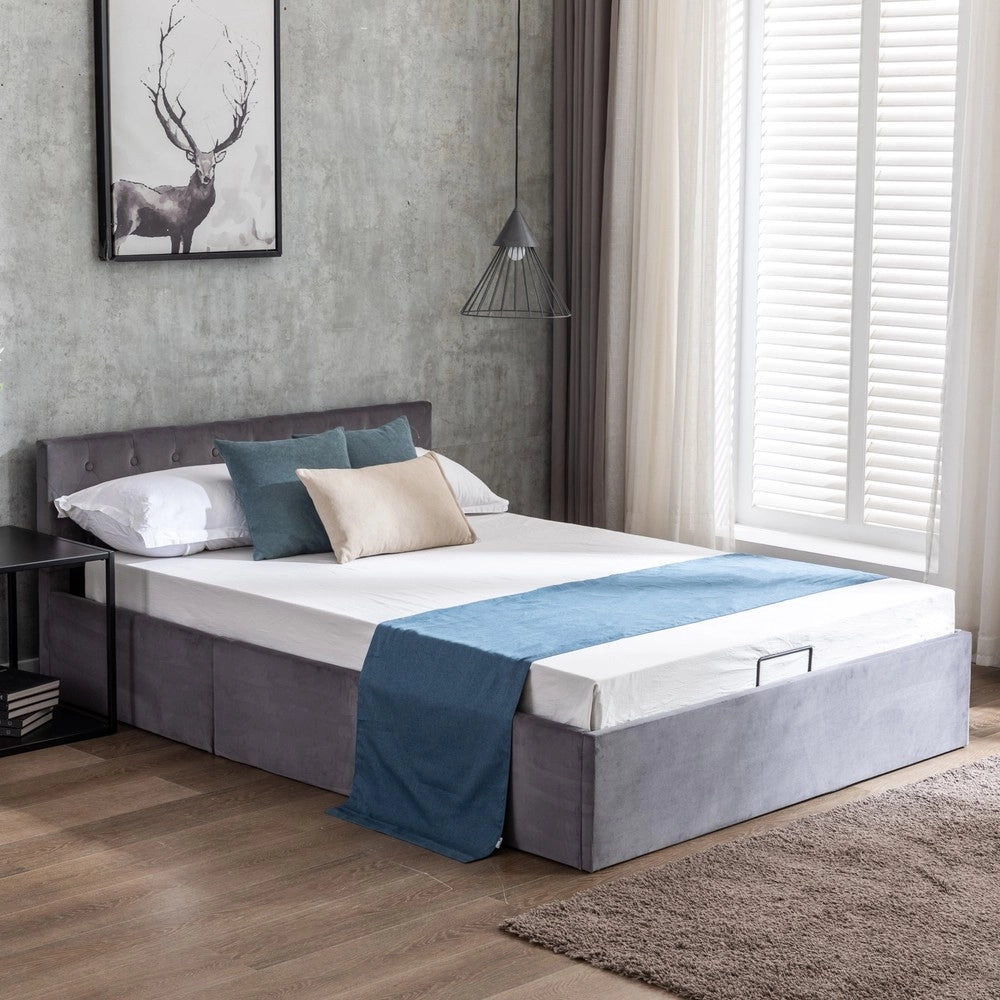 Letto Contenitore Imbottito Matrimoniale ¨C MINIMAL ¨C Grigio, Testiera con Bottoni, Rete a Doghe, Idraulico, 140x200