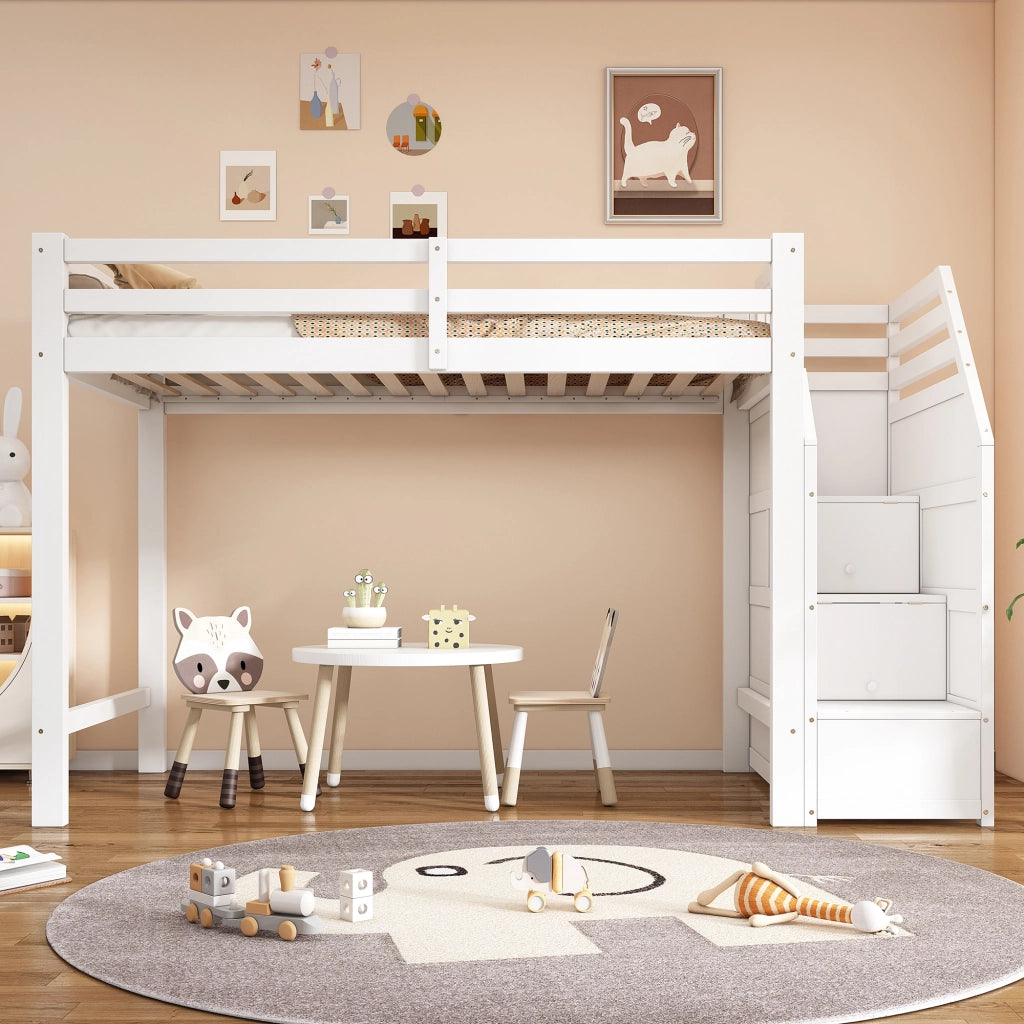 Letto a soppalco singolo 90×200 cm con sponde e scale contenitore; senza materasso; pino; bianco