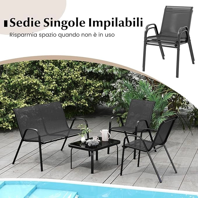 Set Tavolo e Poltrona da Giardino, Set di Mobili 4 Pezzi per Esterno, con Tavolino in Vetro Temperato, Panca e 2 Poltrone, per Giardino Balcone Piscina (Grigio)