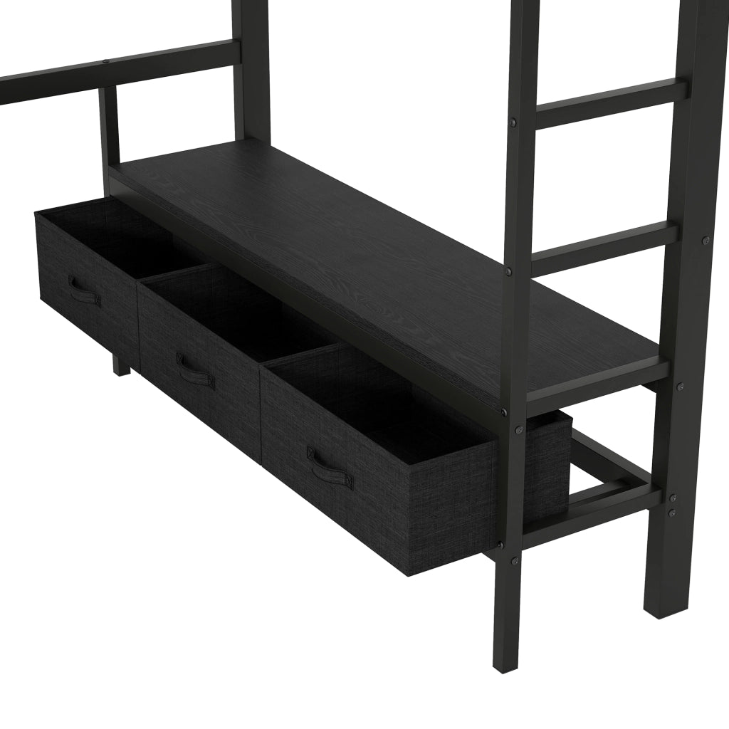Letto a castello in metallo e MDF nero con scrivania LED USB e cassetti 140x200 cm