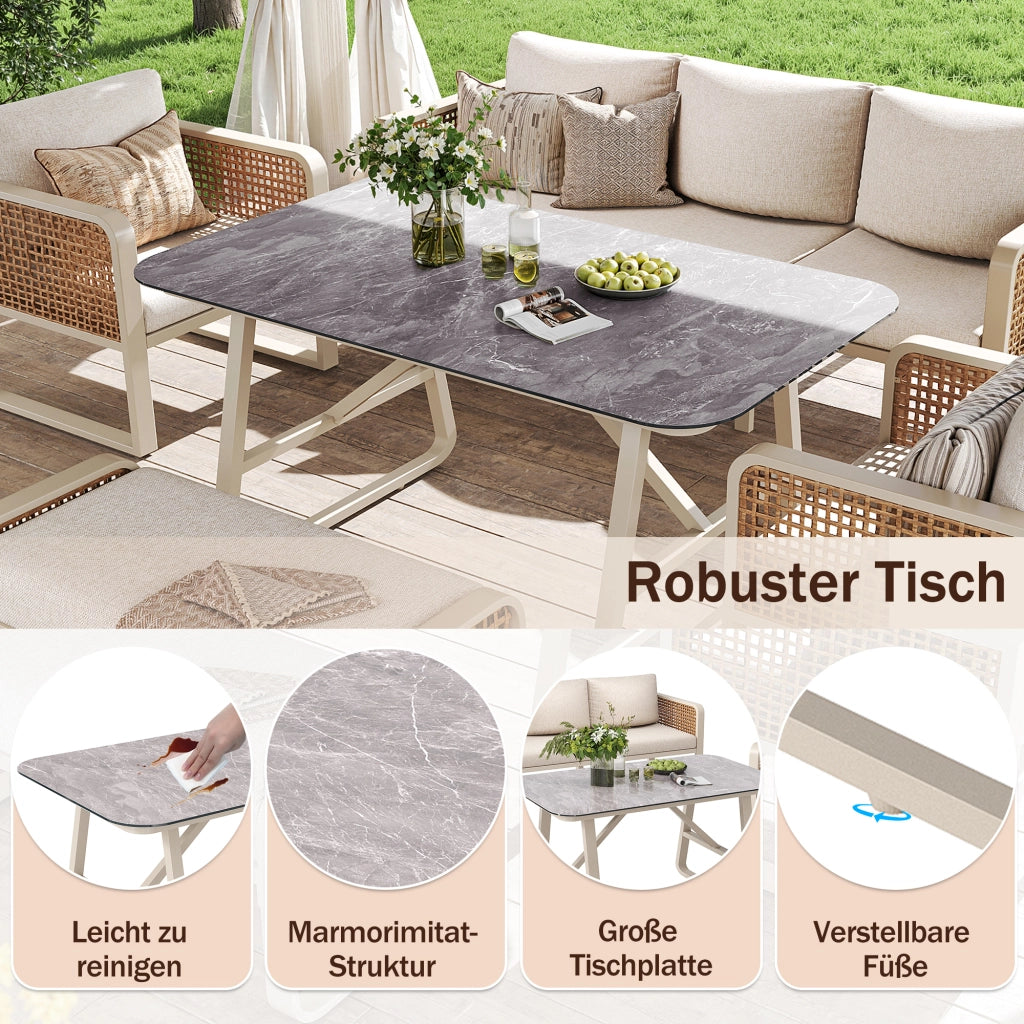 Set giardino 6-7 persone: sedute rattan PE; tavolino; Divanooo cuscini lavabili; piedini regolabili; beige