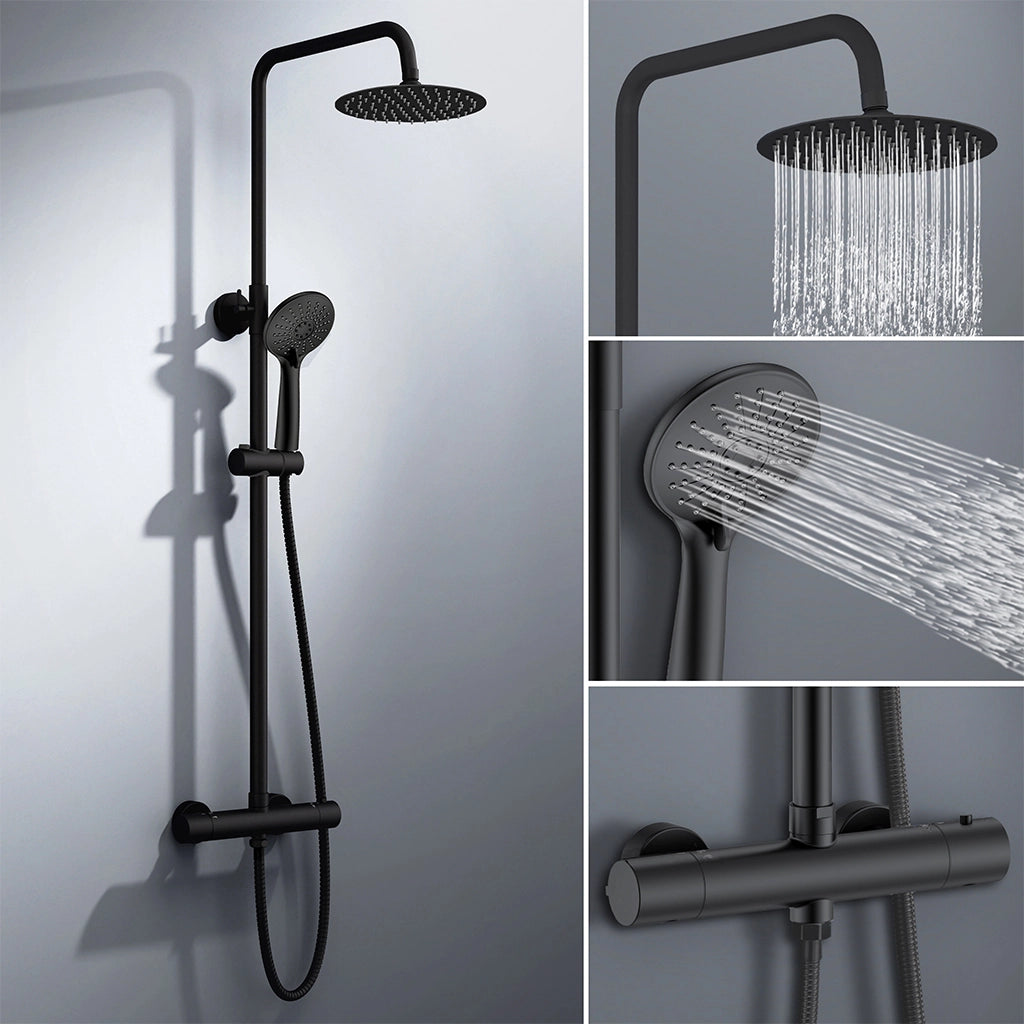 AICA ITALY Sistema Doccia con Miscelatore Termostatico a 38℃, Colonna Doccia Tondo in Acciaio Inox Altezza Regolabile 75-120cm Nero