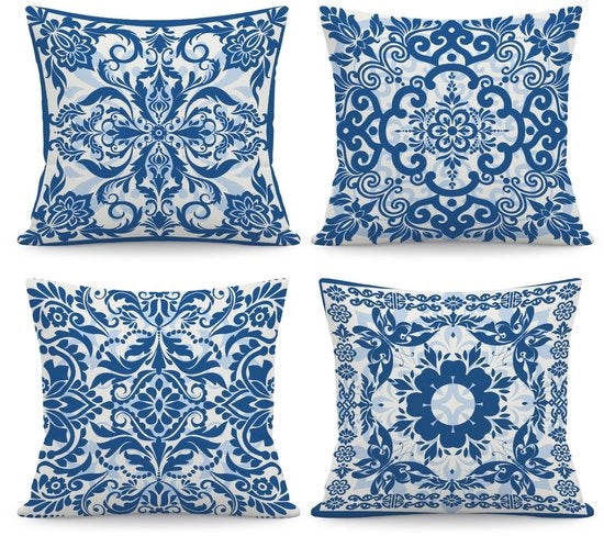 Set di cuscini di 4 pezzi - Chinoiserie Blu/Bianco - Velluto 45 x 45 cm - Cuscini decorativi - Chiusura a zip nascosta - Lavabile in macchina - Cuscini con copri cuscino