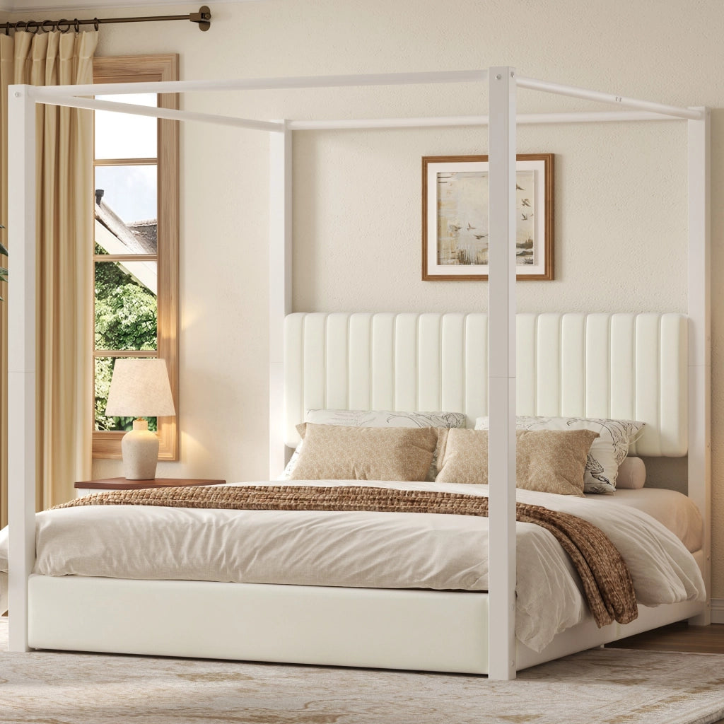 Letto matrimoniale 180 × 200 cm con struttura a baldacchino, testiera imbottita, senza materasso, in MDF e metallo, beige e bianco