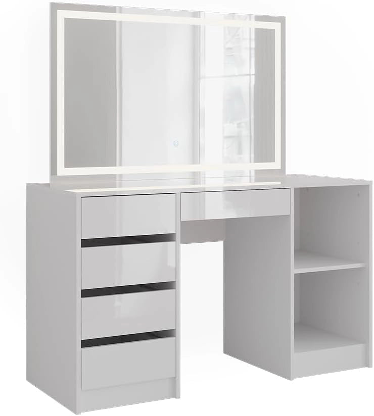 Tavolo da toeletta Sherry, Bianco/bianco lucido, 128.2 cm con specchio LED