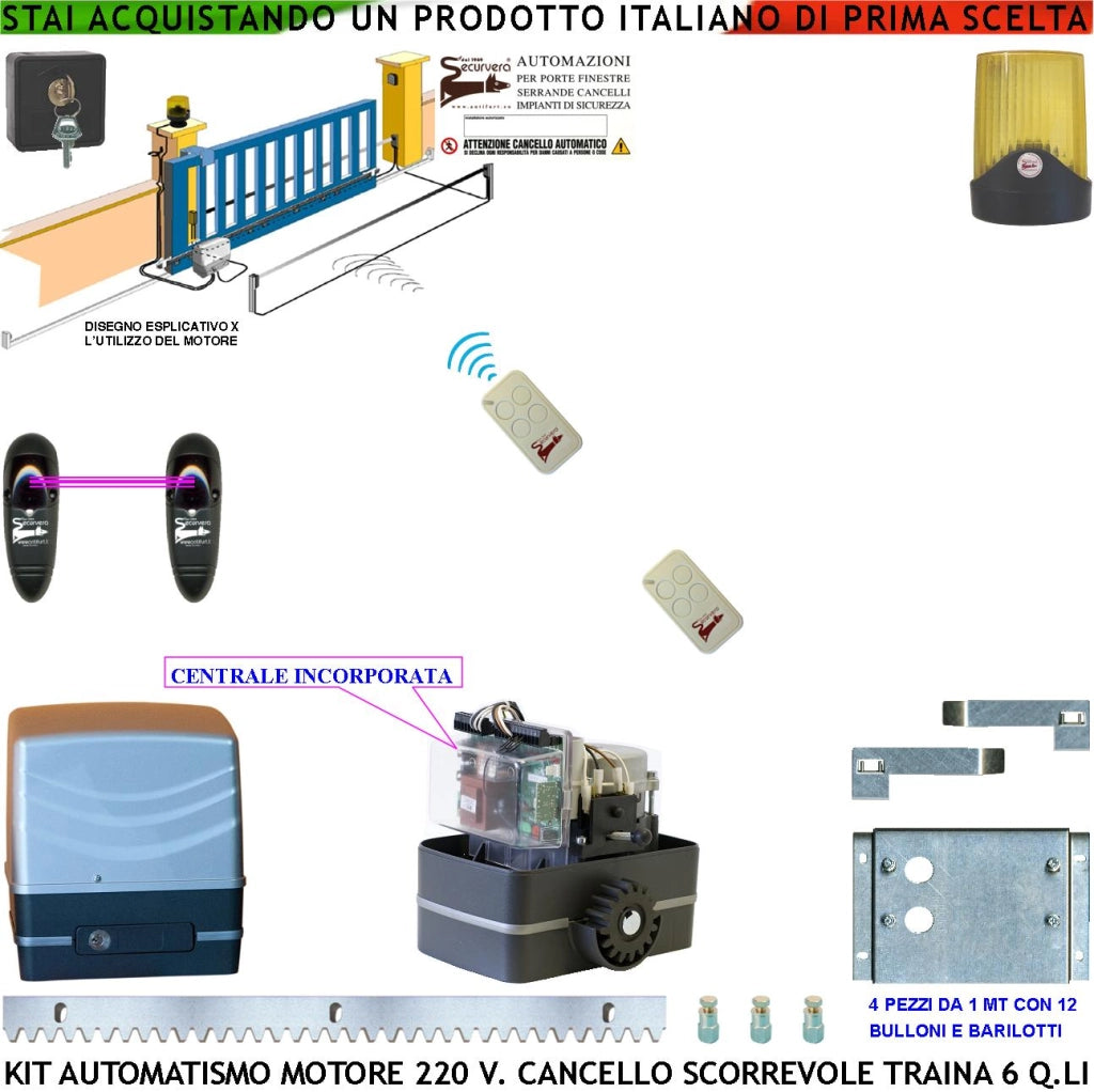 Kit Automatismo 230 V Per Cancello Scorrevole Traina 6 Q.li Centrale 2 Radiocomandi Faro Selettore Coppia Fotocellule Pignone Acciaio M4 Z12 Fine Corsa Elettromeccanico 4 Metri Cremagliera In Acciaio