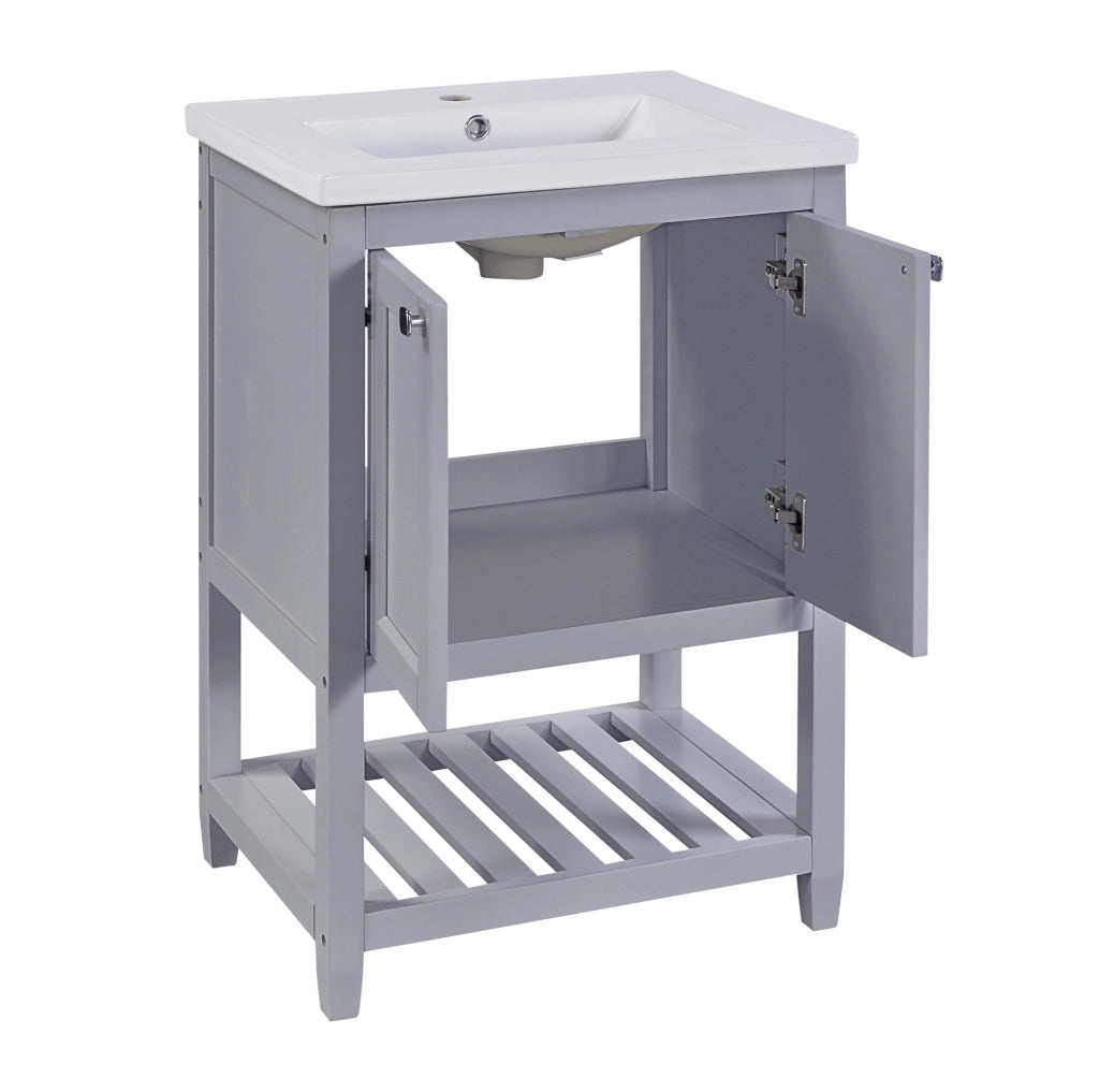 Mobile bagno da terra con lavabo in ceramica; legno massello e MDF; grigio e bianco