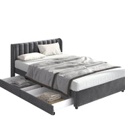 Letto imbottito 140x200 cm con testiera alta e 2 cassetti; velluto grigio (Senza materasso)
