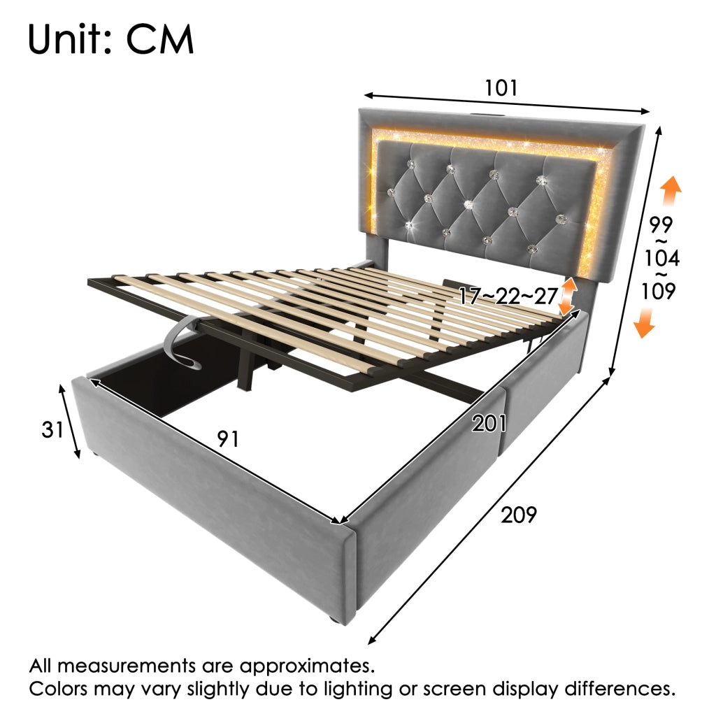 LETTO singolo 90x200 cm in velluto grigio con LED, USB e contenitore