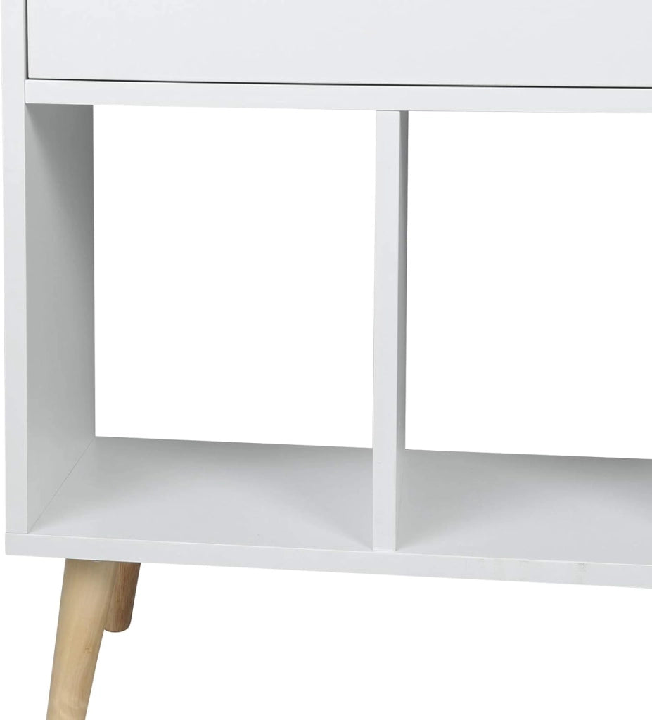Libreria Moderna Bianca Scaffale Espositore a 6 Cubi Mobile Autoportante per Soggiorno con 1 Cassetto Gambe in Legno Bianco