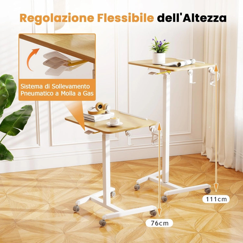 Tavolo Pieghevole per Laptop su Ruote con Piano Inclinabile a 90°, Tavolino Regolabile in Altezza e Portatile con Gancio & Portabicchiere per Divano e Letto