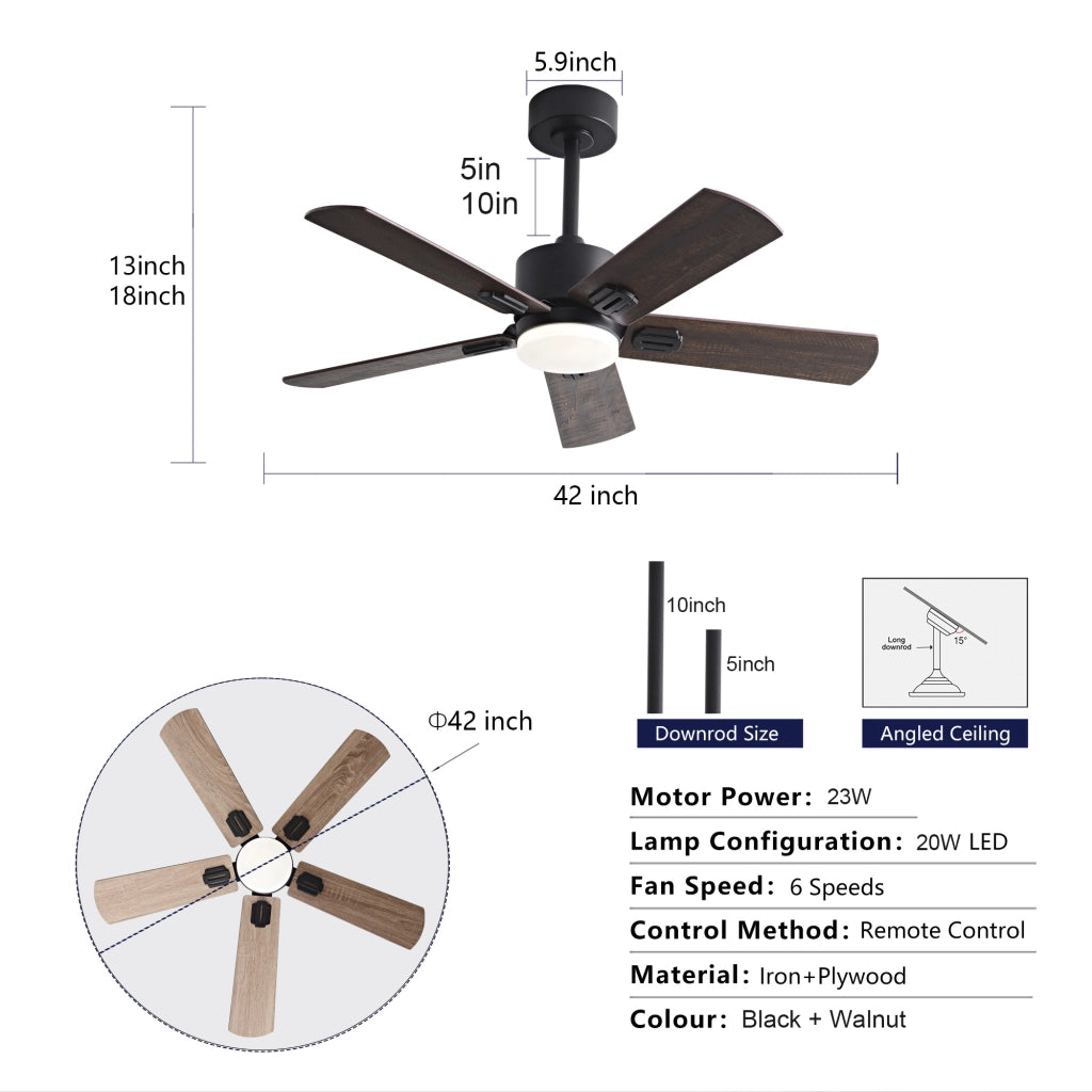 Ventilatore da soffitto 42 pollici con luce, nero moderno con telecomando, stile rustico, doppia finitura pale, motore potente