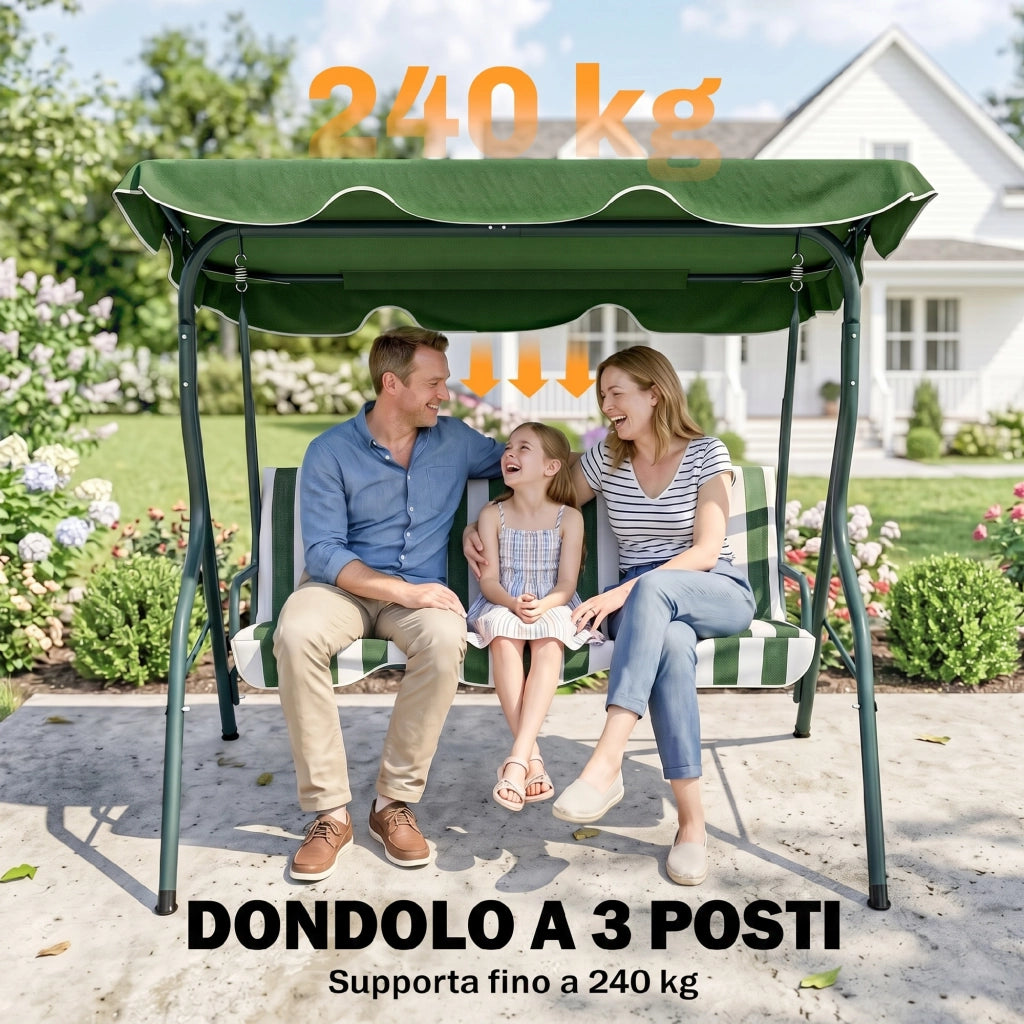 Dondolo 3 Posti con Tettuccio Regolabile e Cuscini, in Acciaio e Poliestere, 170x110x153 cm, Verde e Bianco