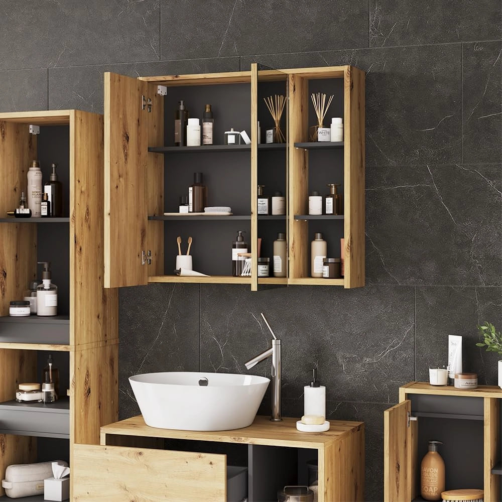 Specchio contenitore bagno Viola, Artigiano/grigio, 80 x 75 cm con ripiani aperti