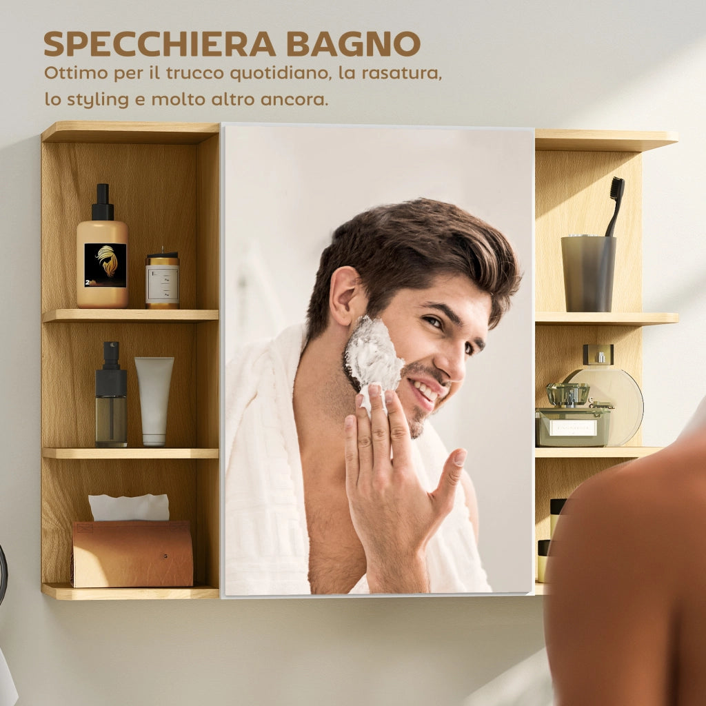 Specchiera Bagno con Armadietto a 2 Ripiani e 6 Vani Aperti. 80x20x59 cm. Legno