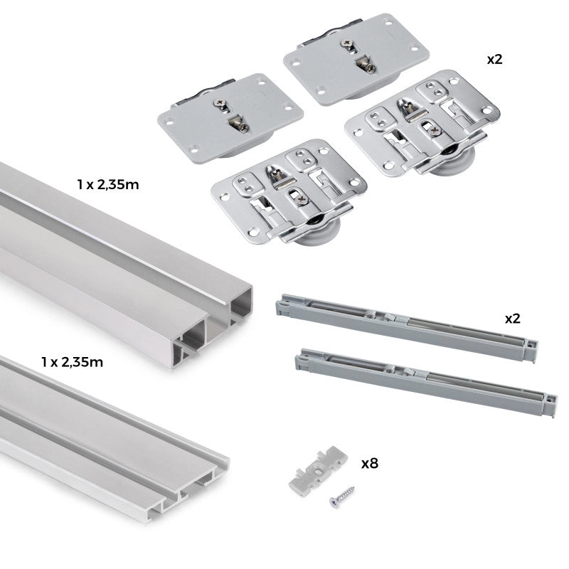 Kit di ferramenta per armadio 2 con porte scorrevoli e chiusura soft Flow2 con binari incassati 2,35 m, pannelli non i..