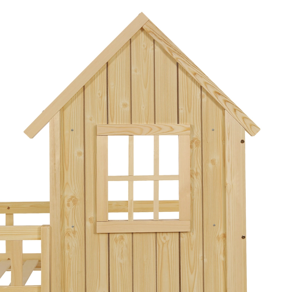 Letto a castello 90x200 cm con scala e finestre in legno di pino e MDF colore naturale