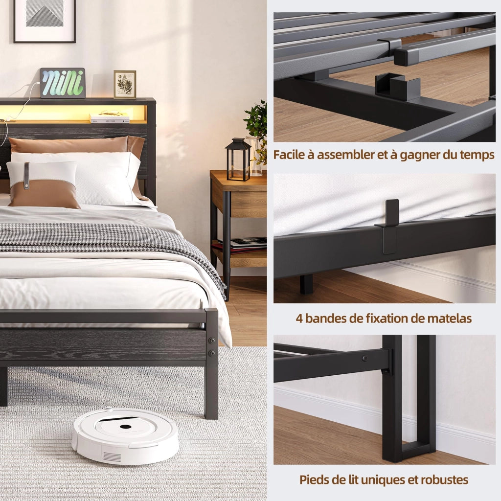 LETTO 140x190 cm con contenitore, USB e LED, MDF e metallo Nero