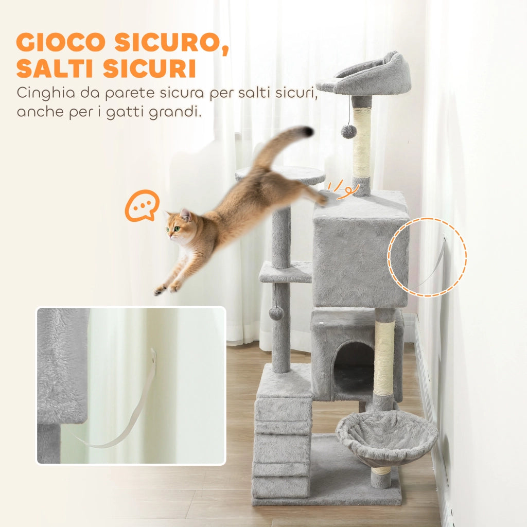 Albero Tiragraffi per Gatti con 2 Casette, Amaca e Lettino ¨C Zephmum ¨C Grigio 48x48x160 cm