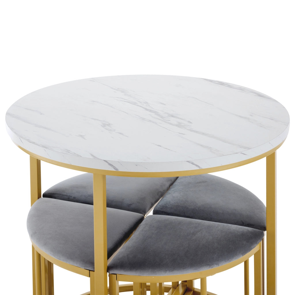 Tavolo da pranzo rotondo per 4 persone con 4 sedie, in MDF e metallo dorato, bianco e grigio, 80 × 80 × 75 cm