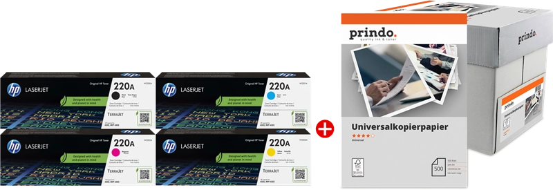 ORIGINAL HP Value Pack nero / ciano / magenta / giallo / Bianco 220A MCVP + Prindo Universal Papier 2500 Blatt ~7400 Seiten