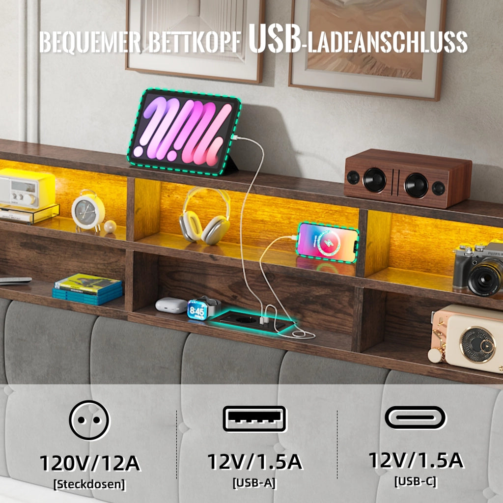 Letto imbottito 180x200 cm idraulico LED USB velluto grigio scuro