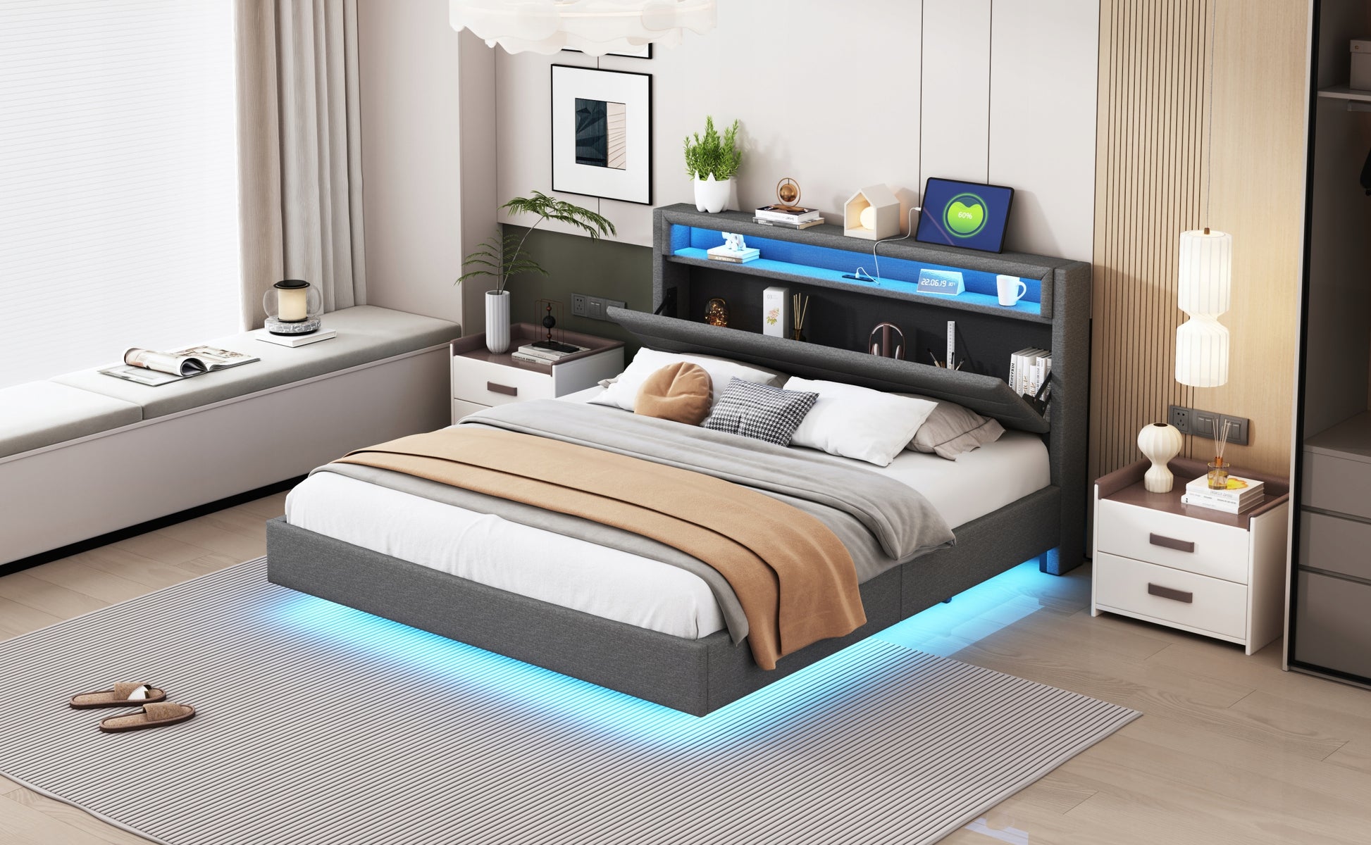 Letto imbottito 160x200 - Xylo - Grigio con USB e LED