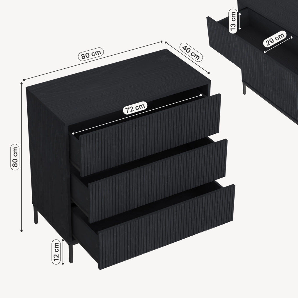 Cassettiera Nykapin Comò a 3 Cassetti 80 x 80 x 40 cm - Nero [en.casa]