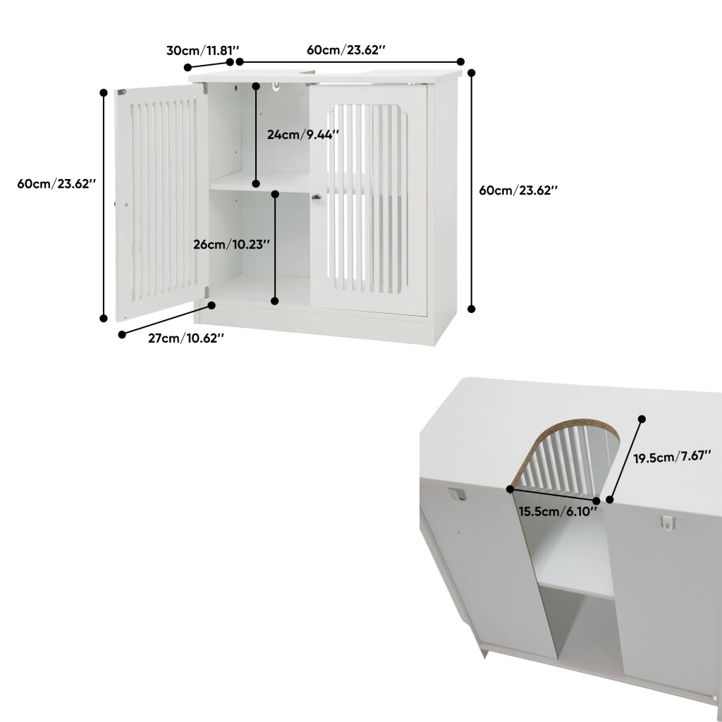 Mobile sottolavabo con 2 ante a lamelle e ripiano, in truciolato, per bagno e lavanderia, bianco, 70 × 35,3 × 14,5 cm