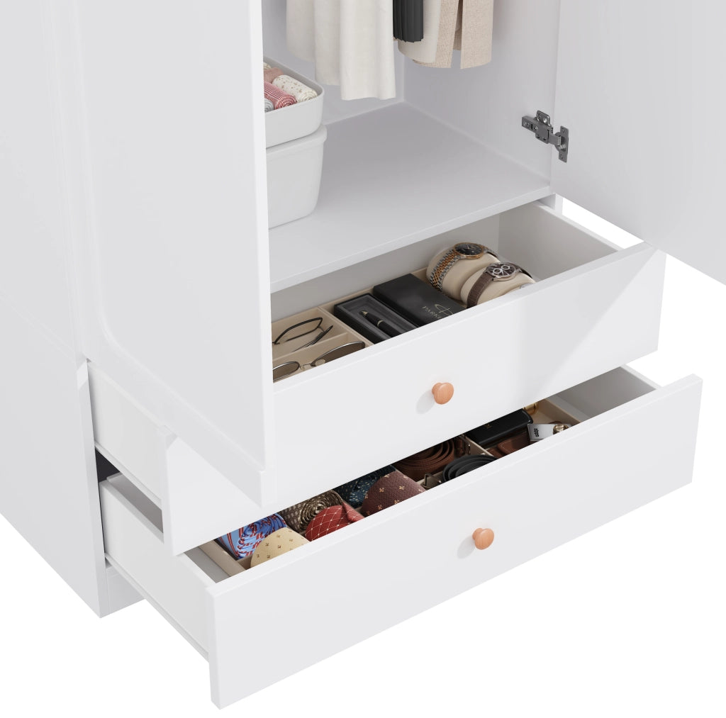 Armadio a 2 ante con 2 cassetti e asta appendiabiti; 90×45×200 cm; bianco