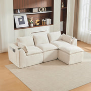 Divano modulare con pouf 256x161x75 cm con cuscini e tasche laterali in velluto a coste beige