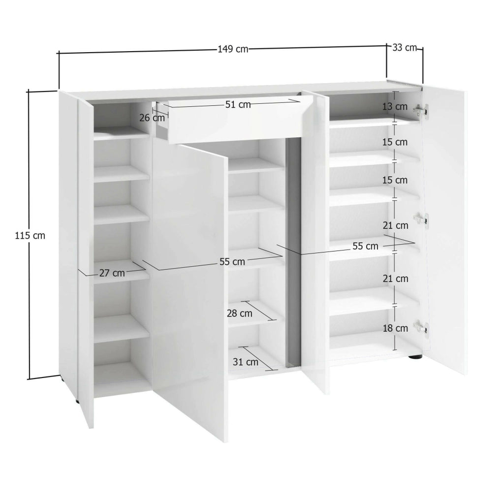 Mobile Portascarpe Aureliano, Scarpiera 14 Ripiani Made in Italy, 149x33x115h cm Bianco Lucido