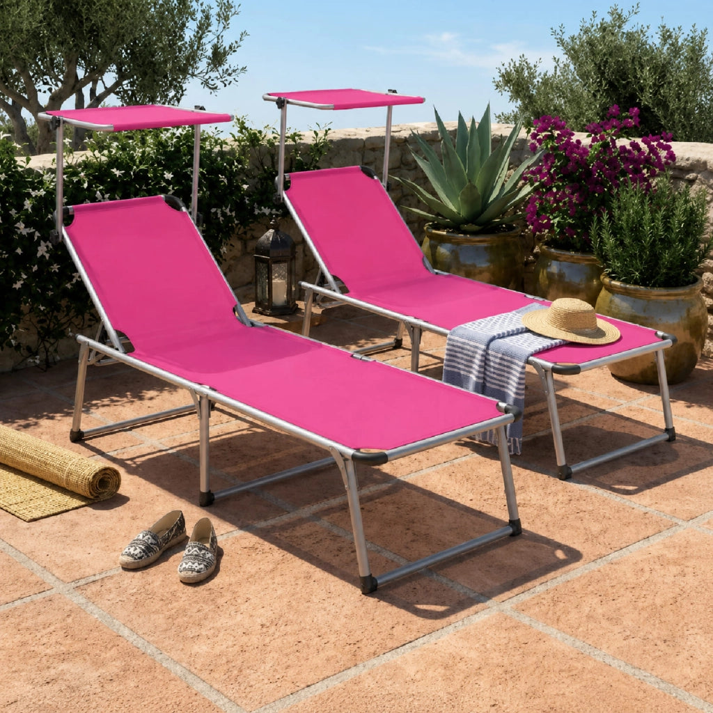 Prendisole Coppia Di Lettini Pieghevole Tettuccio Parasole Schienale Reclinabile Regolabile 6 Posizioni Struttura In Alluminio Sedia Sdraio Spiaggia Mare Giardino Piscina 187 x 59 x 29 Cm Rosa