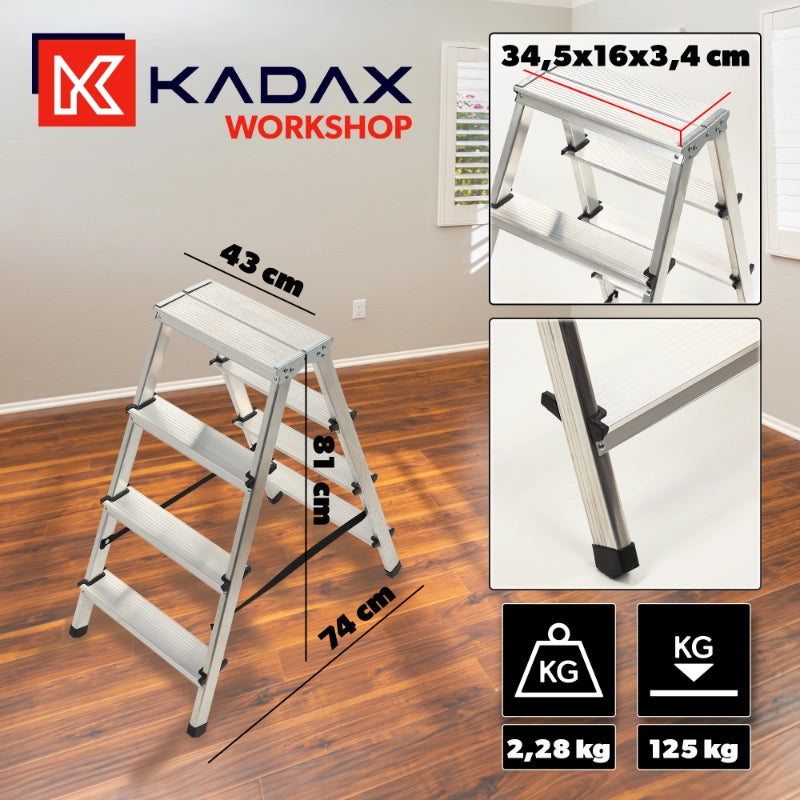 Scala pieghevole in alluminio KADAX a 4 gradini, portata massima 125 kg, prodotto polacco, robusta.