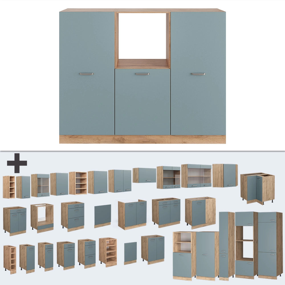 Vicco Cucine componibili piccole Rovere blu-grigio/oro 180 cm senza piano di lavoro