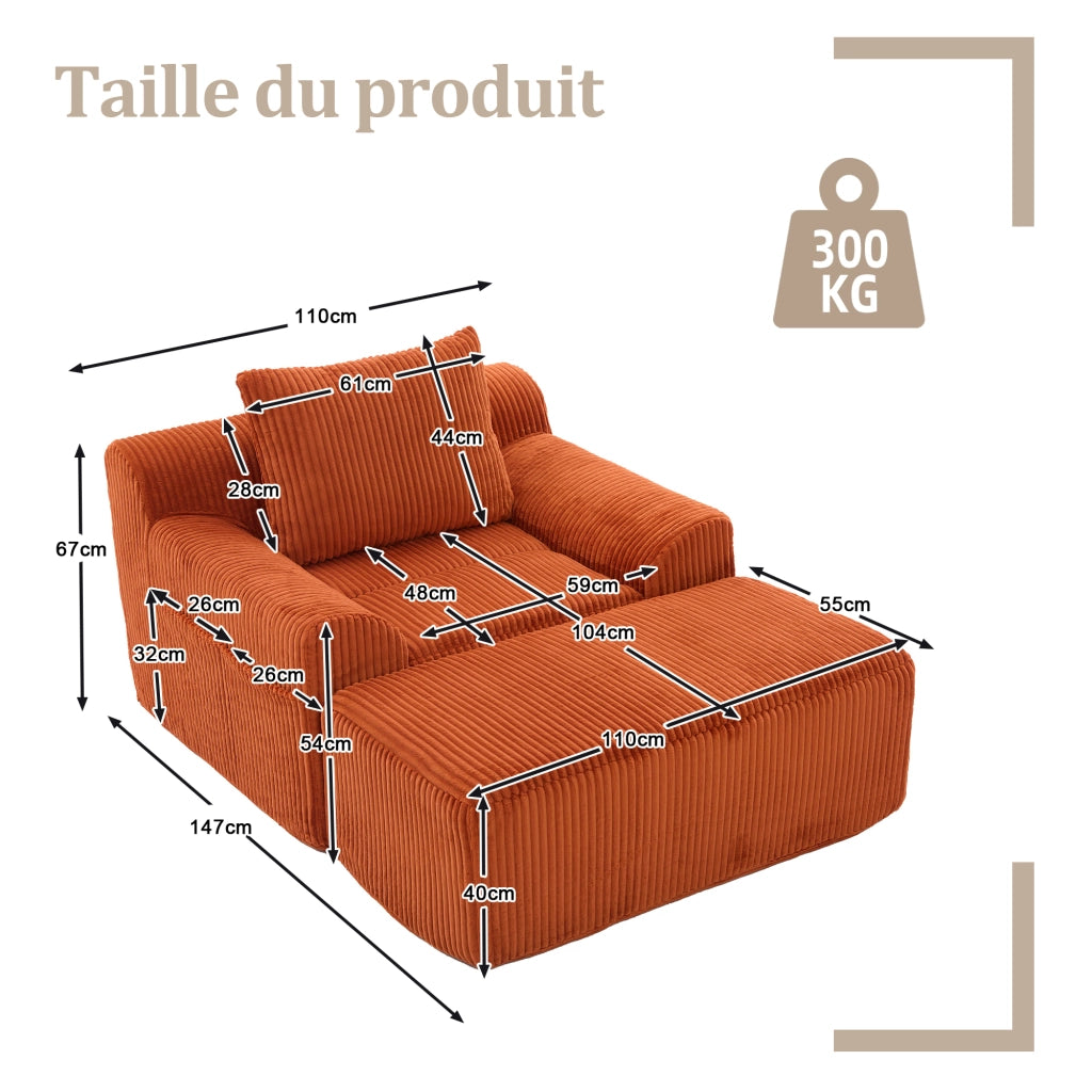 OKWISH Poltrona con Poggiapiedi, Seduta Profonda con Tasche Laterali e Cuscino, Velluto a Coste Arancione 147 × 110 × 67 cm