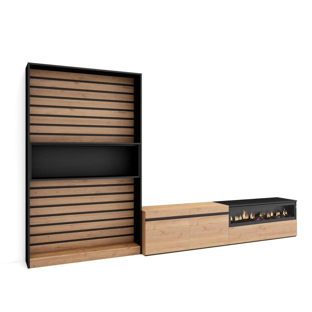 Mobile TV, Soggiorno, 310x35x186cm, Per TV fino a 80", Camino elettrico, colore Rovere e nero RF2863