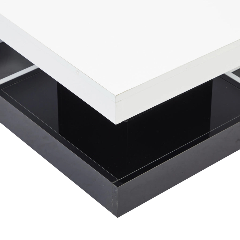 Tavolino da salotto girevole 360° 70x70x36 cm in truciolare bianco e nero; con vano portaoggetti