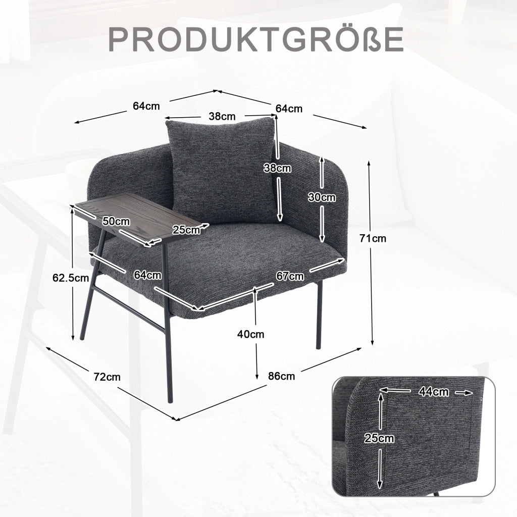 poltrona con tavolino laterale; tasche laterali; ciniglia grigio scuro 86 Ã— 72 Ã— 71 cm