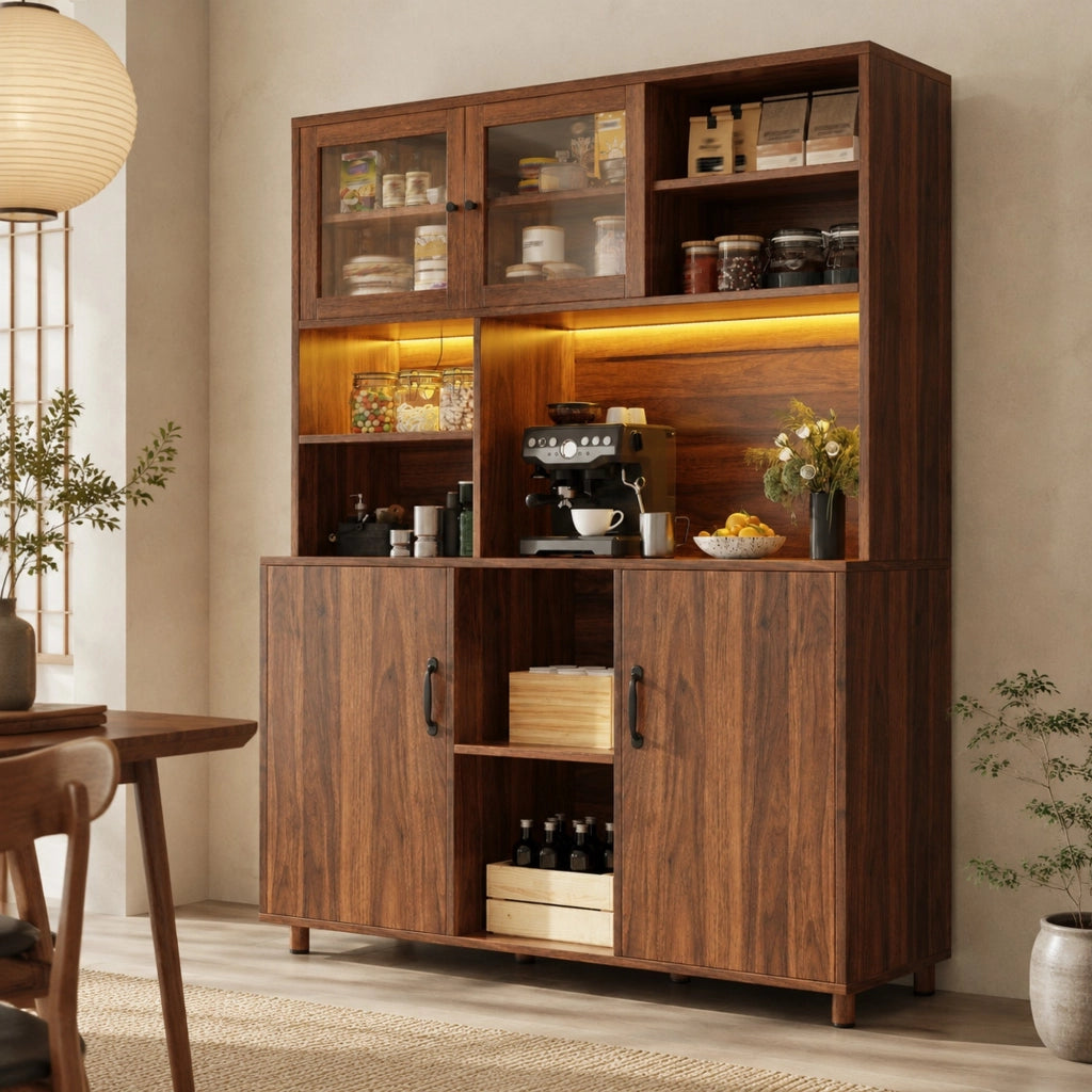 Mobile alto da cucina con LED smart e ante scorrevoli, noce