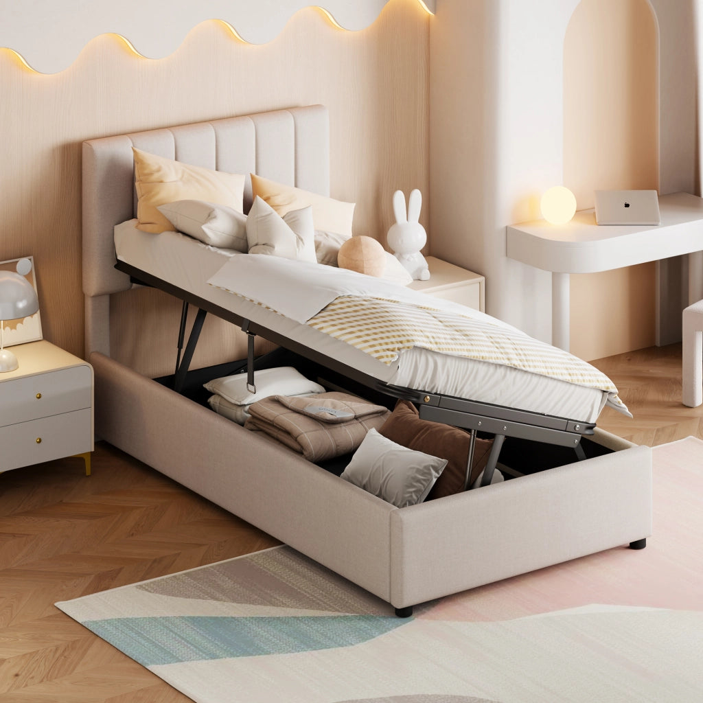 Letto per Bambini Contenitore 90 x 200 cm; Letto Singolo con Vano Idraulico e Testiera Regolabile; senza Materasso; Beige