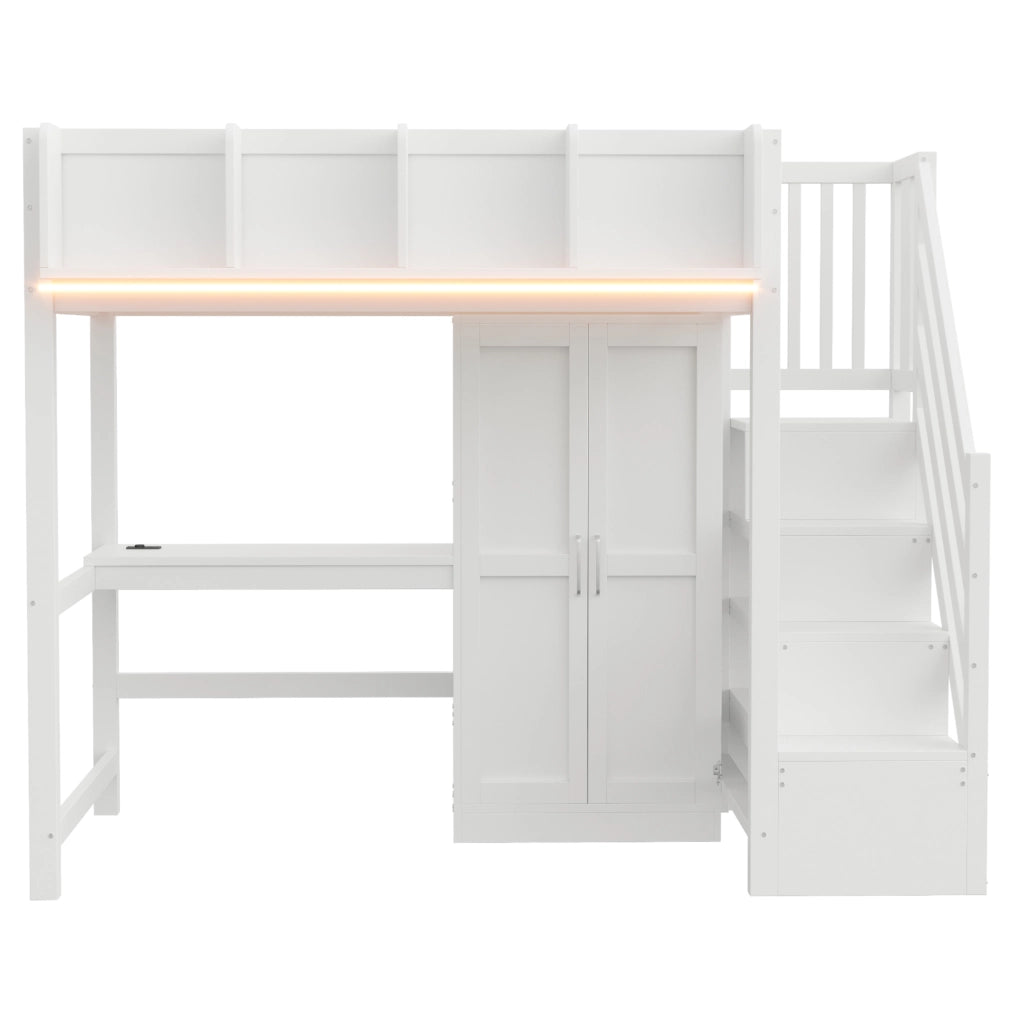 Letto a soppalco 90x200 con scrivania, armadio e scala contenitiva