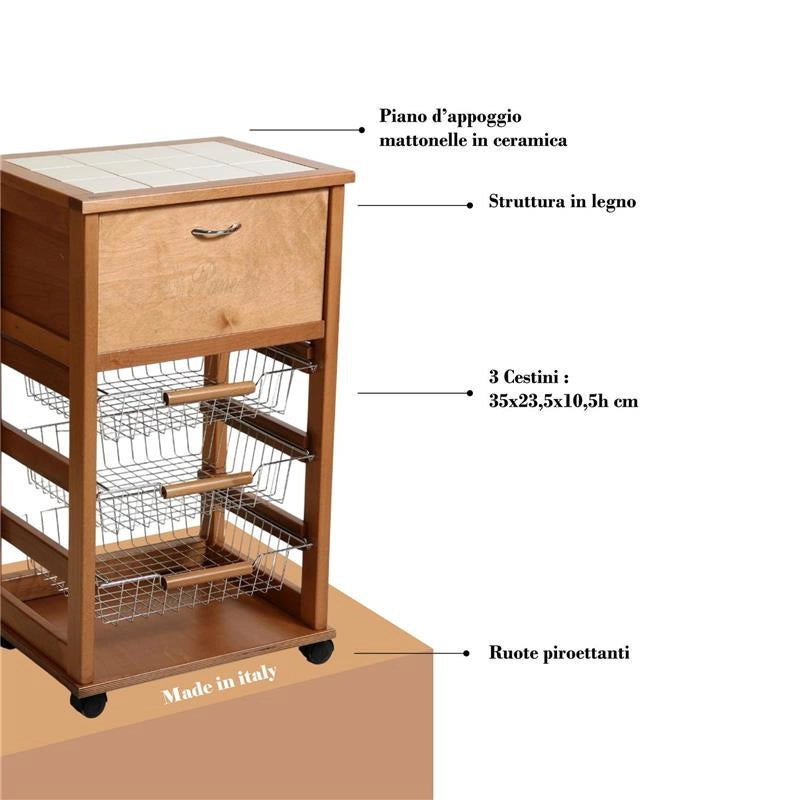 CARRELLO VESUVIO PORTAPANE ROVERE IN FAGGIO BASE INFERIORE MULTISTRATO DI BETULLA 1 CASSETTO 3 CESTELLI PIANO MATTONELLE IN CERAMICA