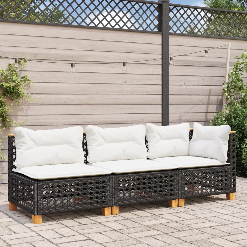 Divano da Giardino a 3 Posti con Cuscini-Sofa da Giardino-Divano da esterno Nero in Polyrattan 408976