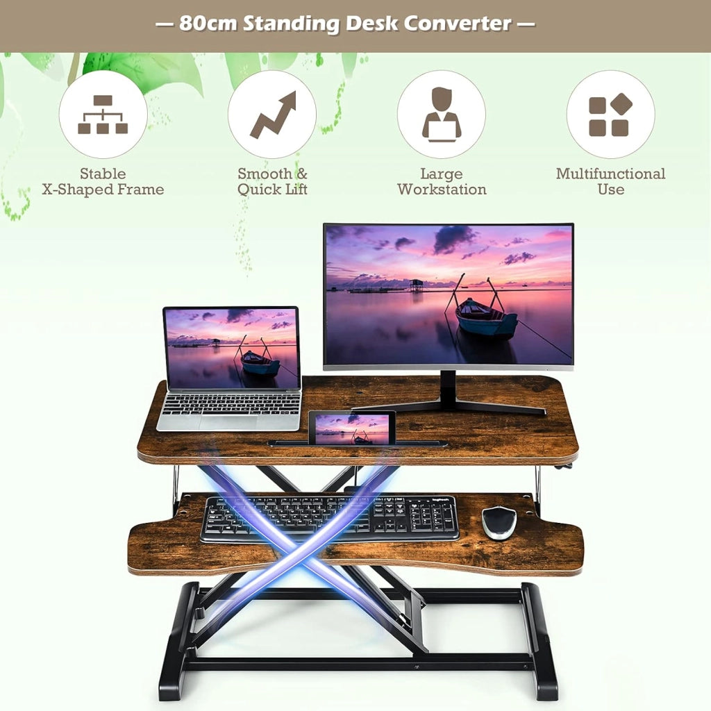 Convertitore da Scrivania, PC Convertitore Seduto-in Piedi, Regolabile in Altezza tra 11-50,5 cm, 2 Ripiani per Schermi di Computer, Tastiere e Laptop, Marrone