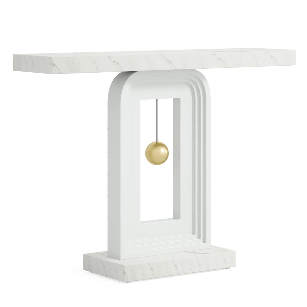 Consolle con base geometrica, piano in marmo bianco e MDF, per ingresso e soggiorno, bianca 100 cm