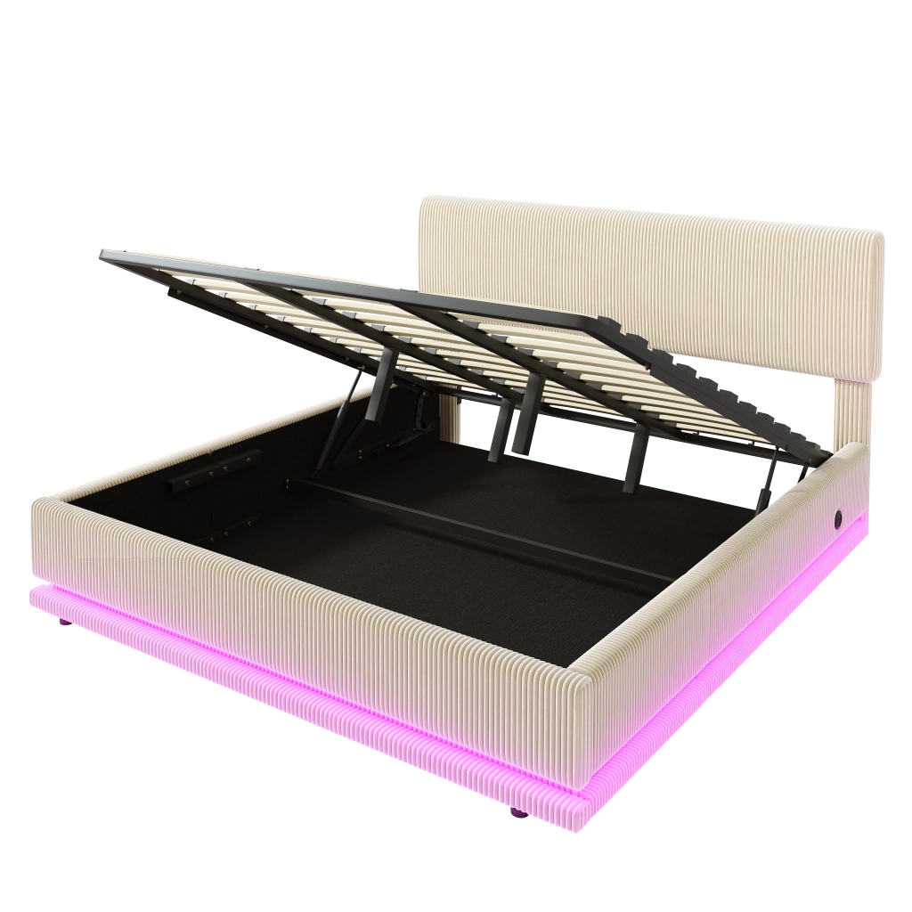 Letto contenitore 180 × 200 cm 2 posti con LED, USB-C, testiera regolabile, senza materasso, beige