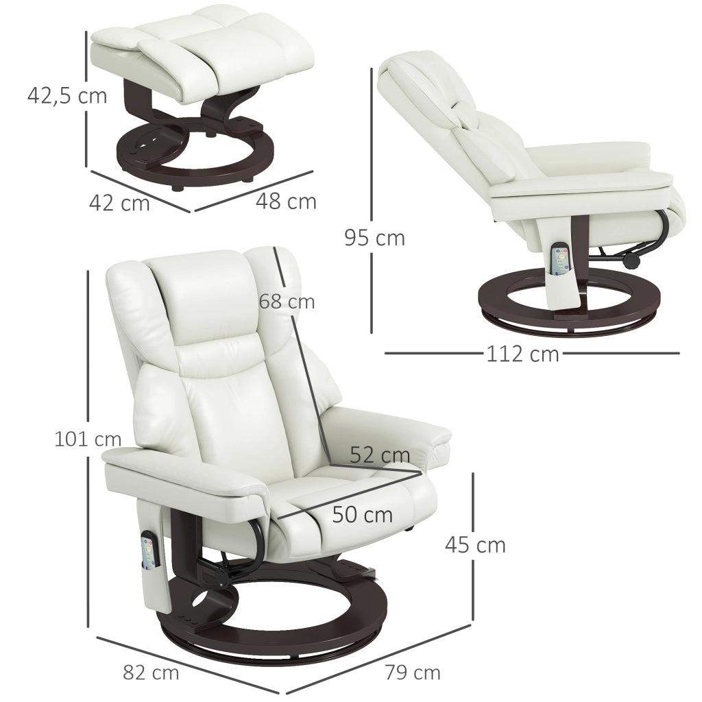 Poltrona relax elettrica girevole con poggiapiedi, funzione massaggio, 145°, 160 kg, bianco crema