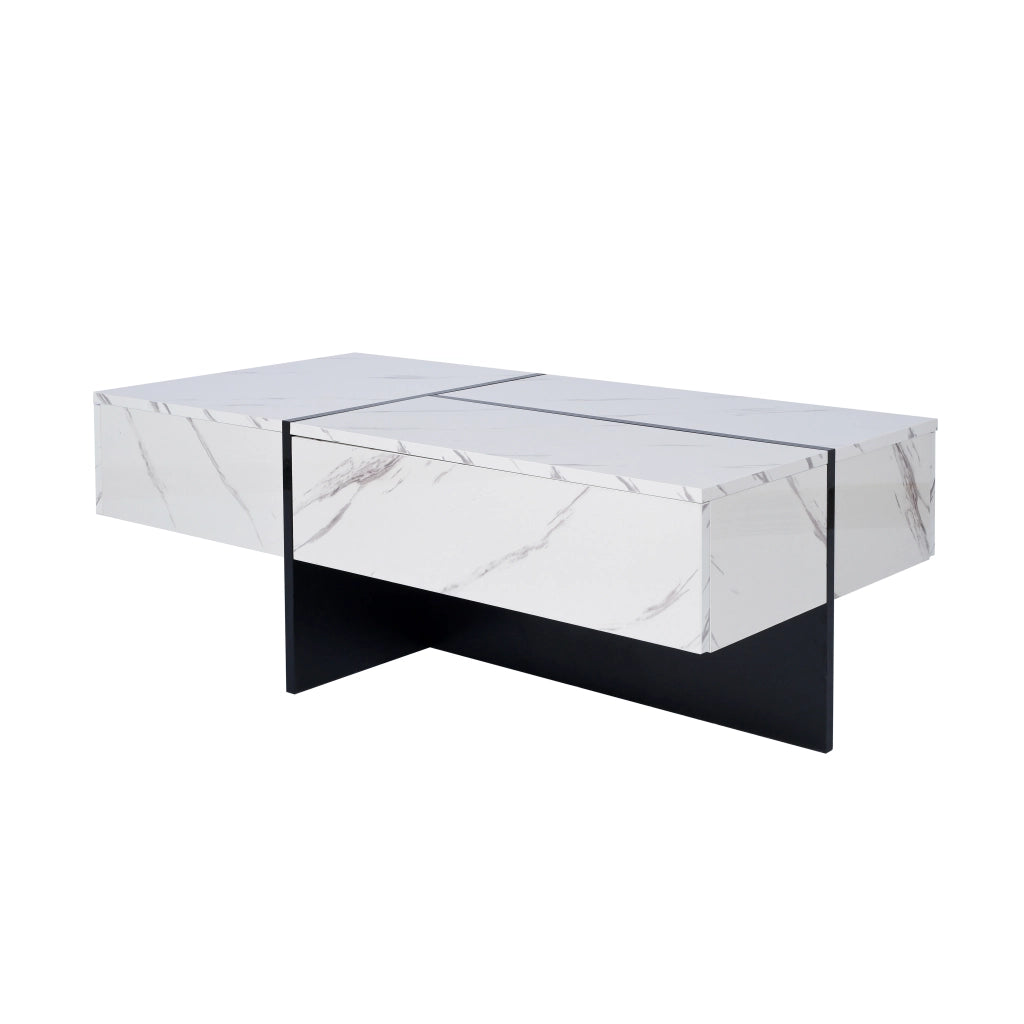 OKWISH Tavolino da Salotto Effetto Marmo Lucido con 3 Cassetti e LED controllato tramite applicazione, 100×50×34,5 cm