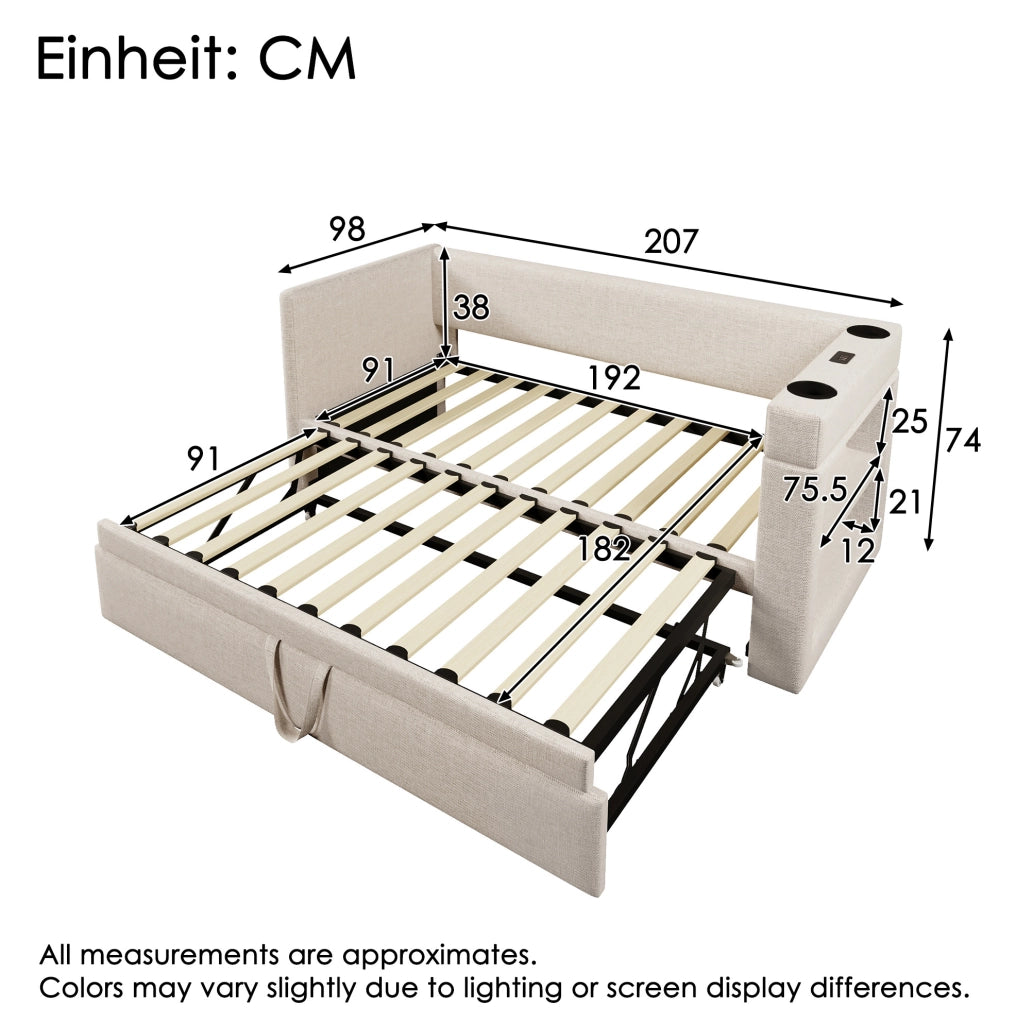 Divano letto estraibile 90x190 cm in cotone-lino beige con USB e Type-C